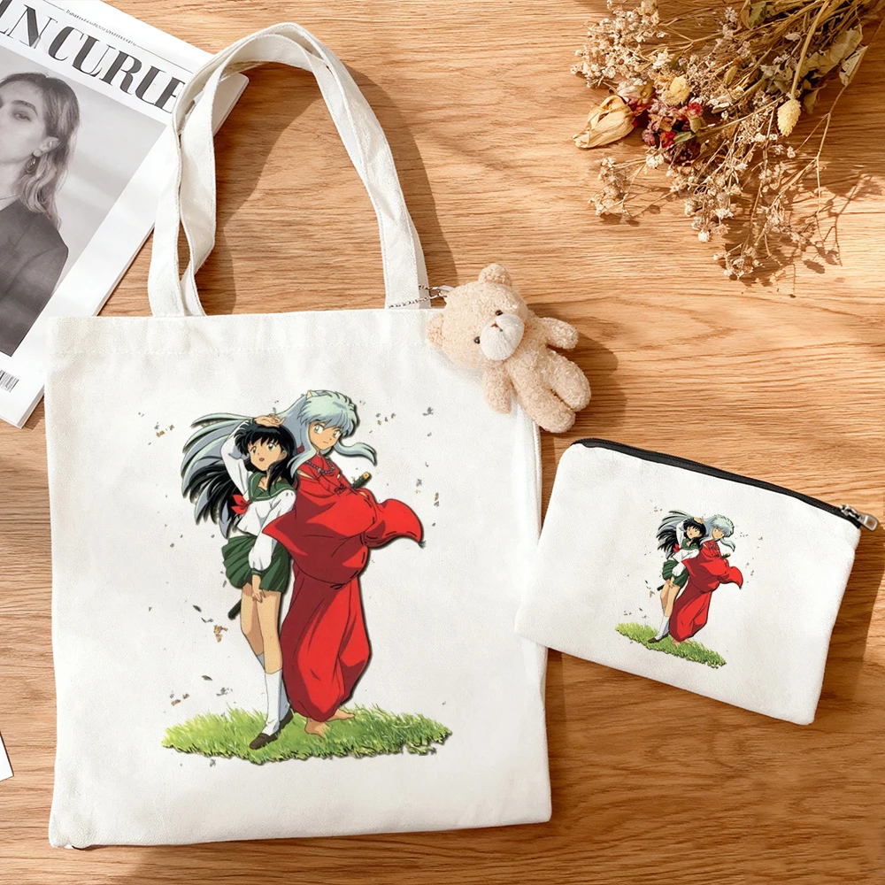 3pcs/set Inuyasha Canvas Tote Bag Anime Couple Character Print Eco Cotton Reusable Shopping Bag Otaku Daily Shoulder Handbag view 3