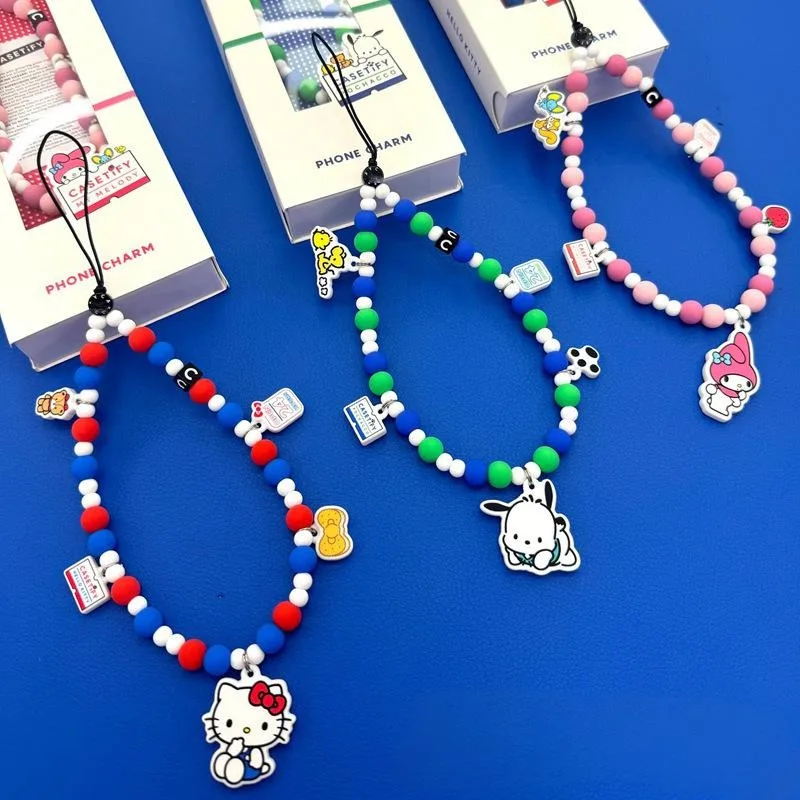 

Sanrio Cartoon Hello Kitty 3D Phone Chain Silicone Beads Kawaii Melody Pochacco Purin Daily Backpack Fashion Pendant