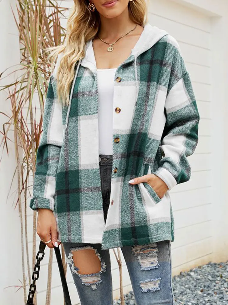 Autumn Winter Hooded Plaid Jacket Women Warm Long Jacket Coat Women Button Up Overshirt Loose Checkered Shirt Jackets for Women