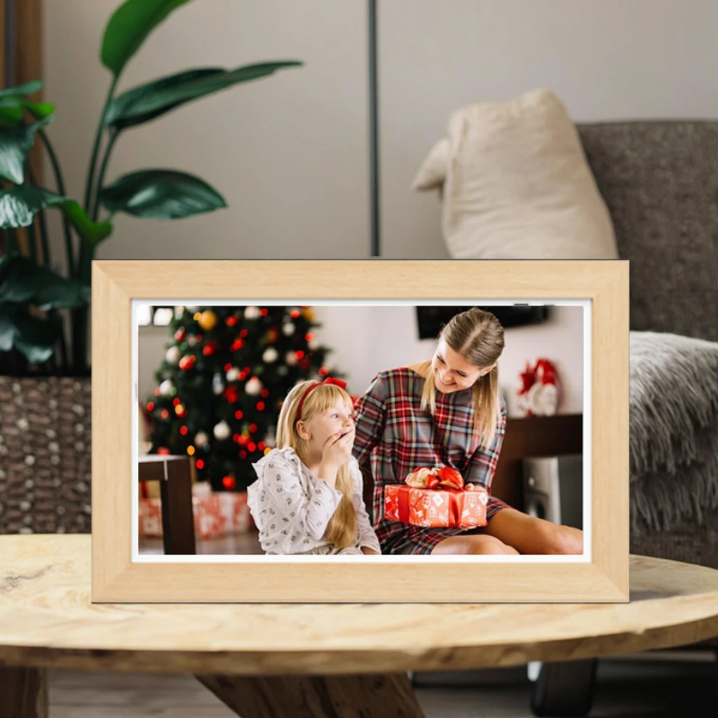 15.6 Inch Wooden Digital Picture Frame Photo WiFi Touch Screen Smart Remote Control Video Playback for Home Art Decor Gift