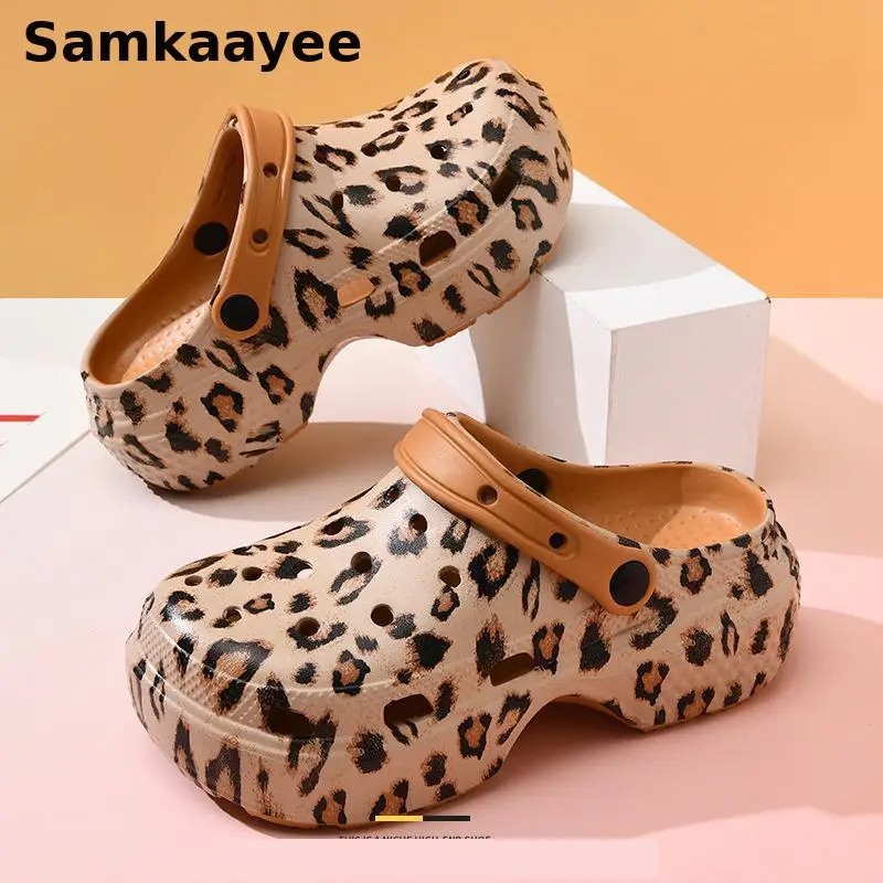 35-40 Womens Sandals Summer Mules Clogs Female Slippers Leopard Garden Shoes Platform Thick Bottom Soft Breathable Beach Zapatos