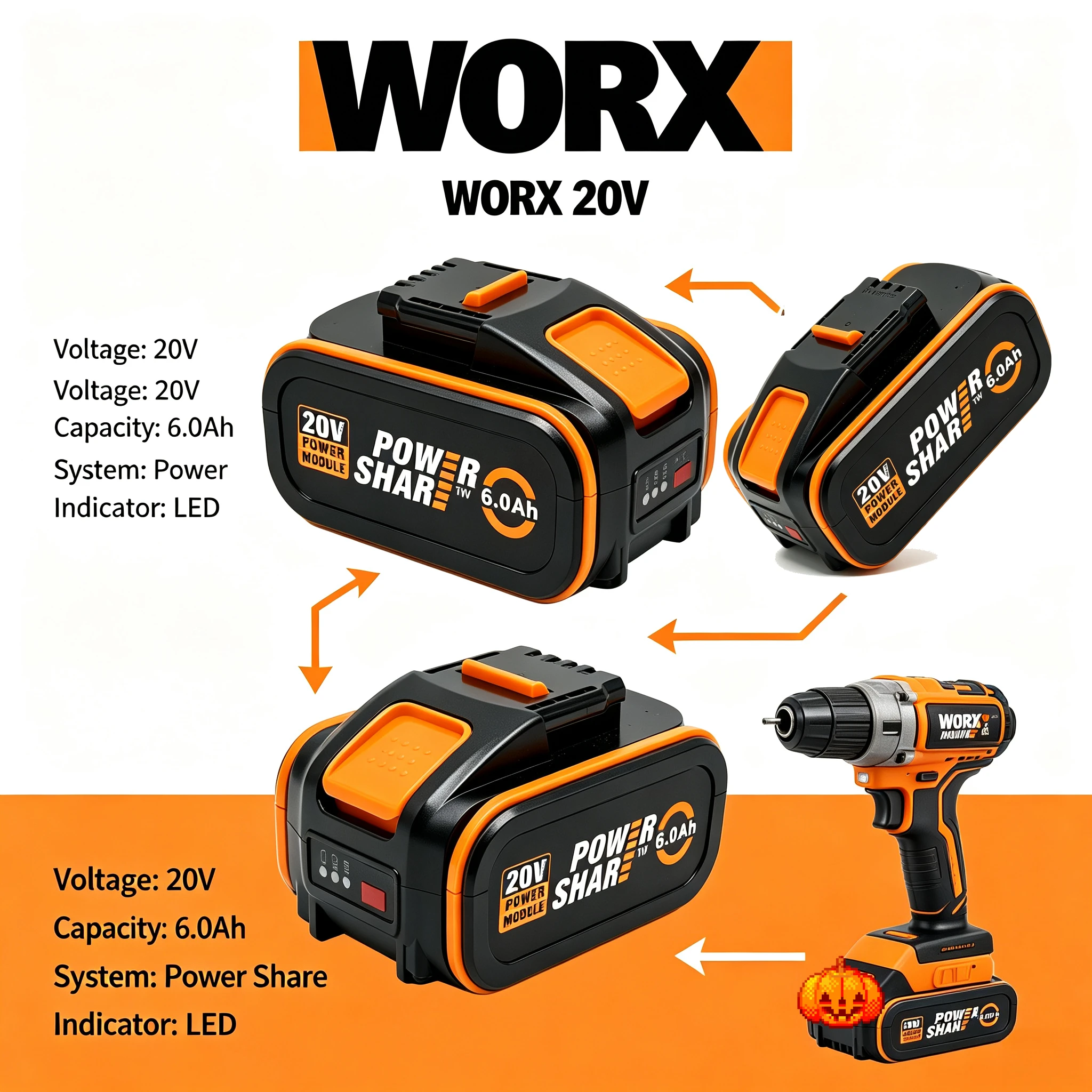 WORX 20V 6.0Ah 4Pin Li-ion Battery Safe Stable Lithium Battery Pack for WORX WX802 WG546 Cordless Saw Wood Cutting Power Tools