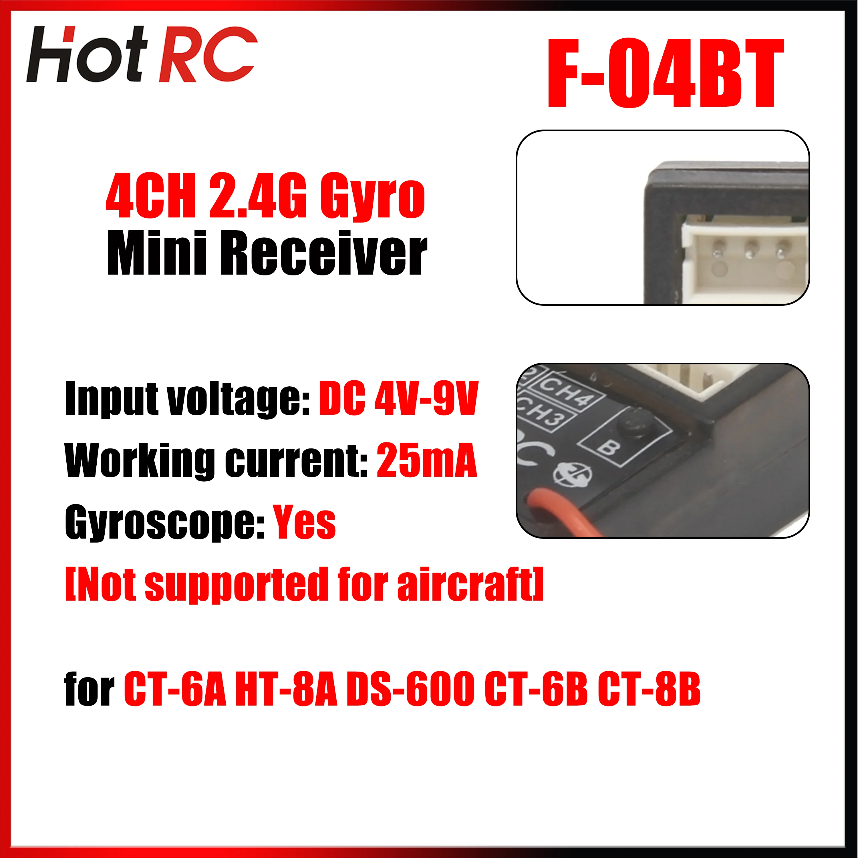 

HotRC F-04BT 4 Channel 2.4G with Gyro Mini Receiver PWM for Transmitter CT-6A HT-8A DS-600 CT-6B CT-8B RC Car Tank Boat Ship