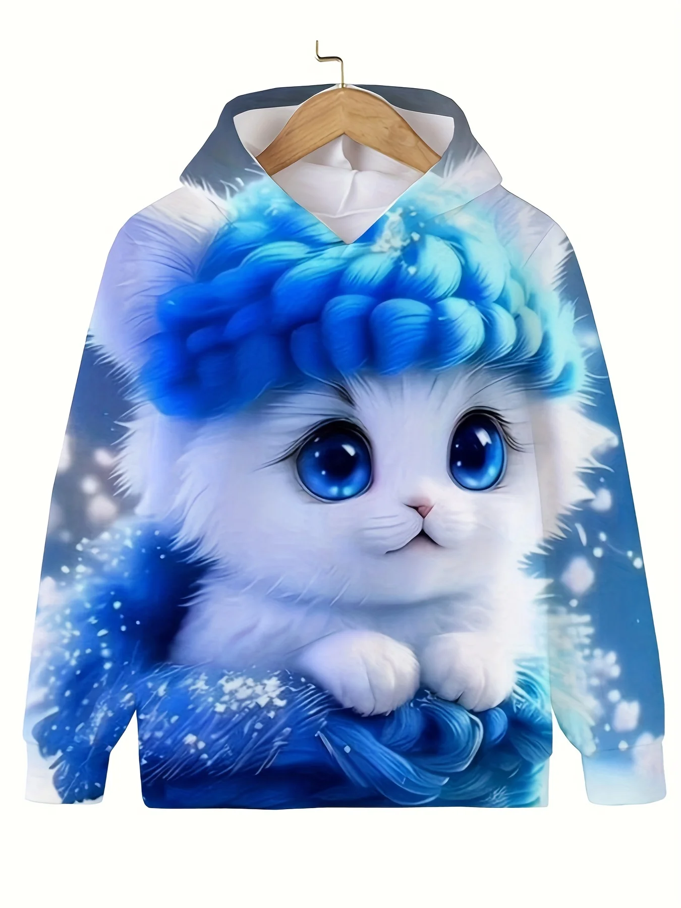 

Adorable Kitten Graphic Long Sleeve Hoodies Girls Cute Pullover Hooded Sweatshirt Fashion Autumn Outdoor Tops Children Clothes