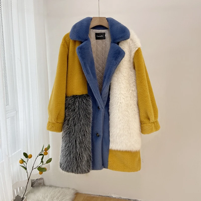 

Color Clash Women's Faux Fur Coat Long Single-breasted Fluffy Jacket Lapel Loose Plush Coats Winter Thick Warm Furry Outerwears