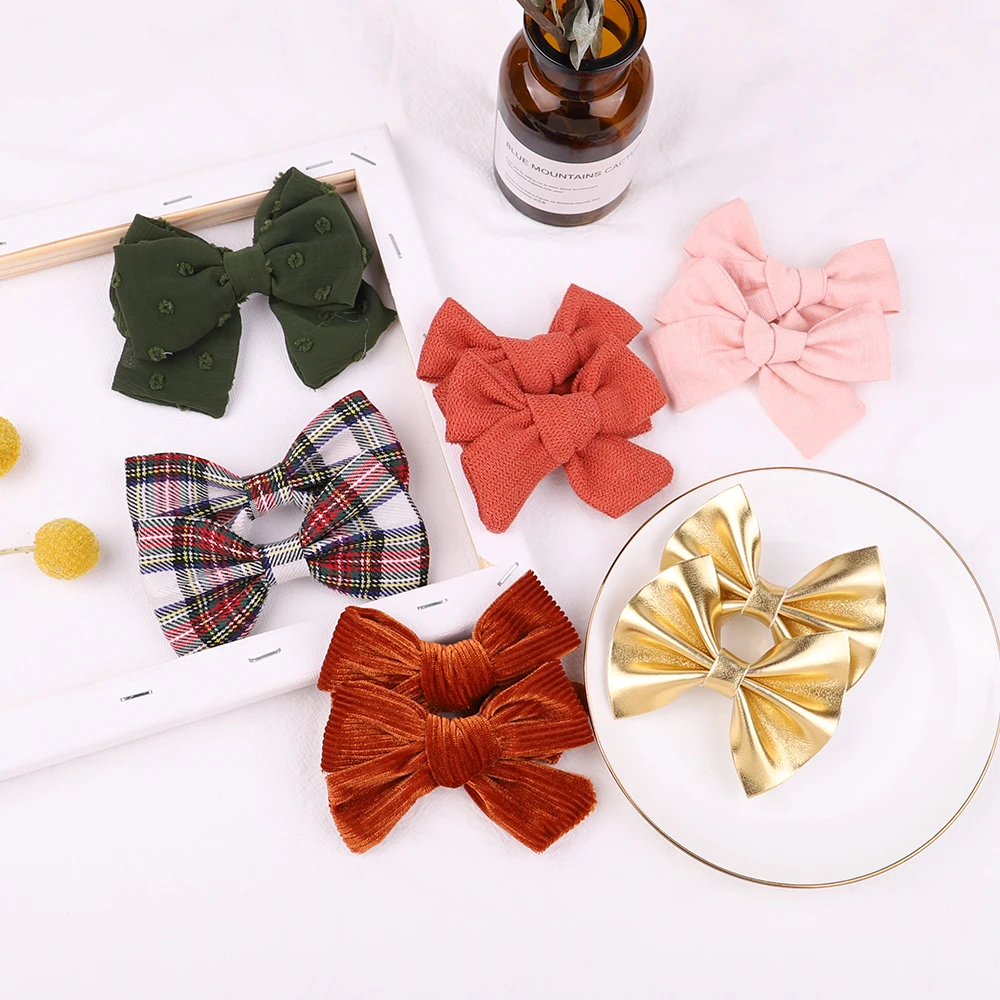 2PCS/Lot Retro Classic Corduroy Cotton Hair Bow For Girl Hair Clip Boutique Barrette Handmade Hairpin Cute Kids Hair Accessories