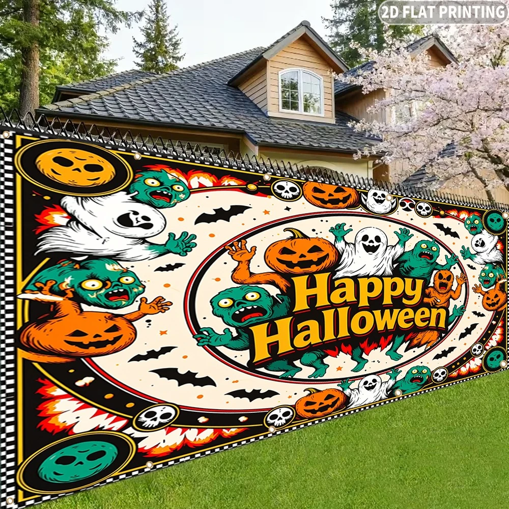 2D FLAT Printing 1pc Garden Privacy & Protective Screens, Happy Halloween Ghosts Pumpkins Zombies Bats Skulls Festive Banner