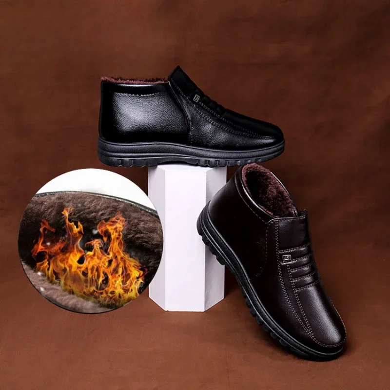 Plus Size Men's Boots Winter Warm Cotton Shoes Slip-on Mens Casual Leather Shoes High Top Men Work Shoes Comfortable Ankle Boots
