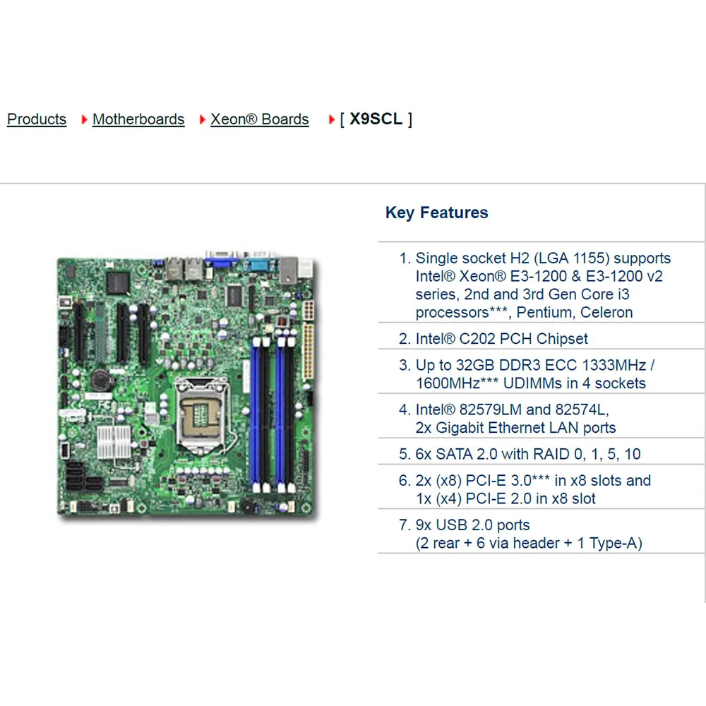 X9SCL One-way Server UATX Motherboard LGA 1155 C202 Xeon E3-1200 v2 Series 2/3rd Gen Core i3 DDR3 PCI-E3.0