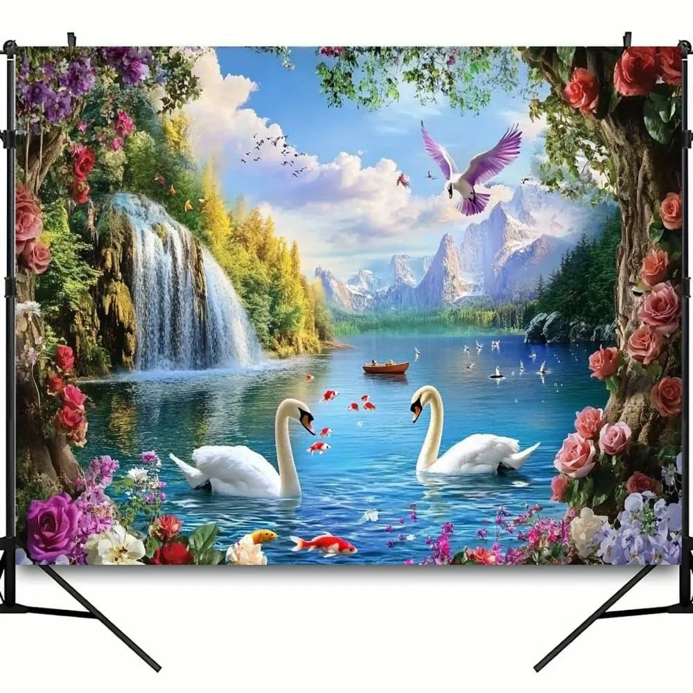 Swan Lake Waterfall Wall Mural 2D Flat Printing Nature Landscape Decor Floral Art Home Interior Design Living Room Wallpaper