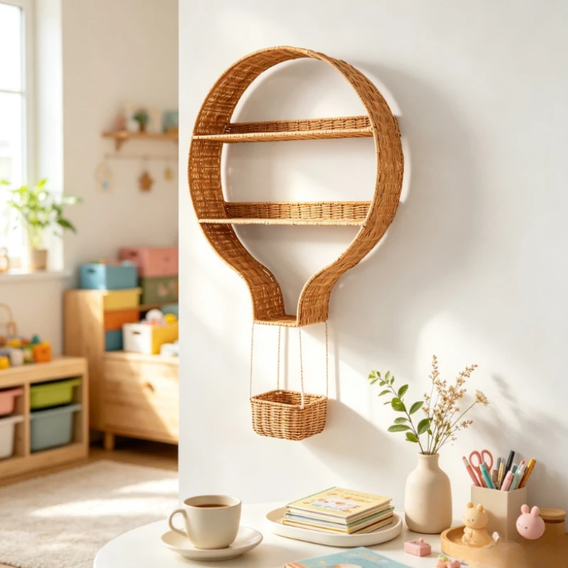 Nordic Rattan Wall Mounted Storage Shelf Hot Air Balloon Decor Organizer Wicker Hanging Basket for Living Room Space Saving Rack