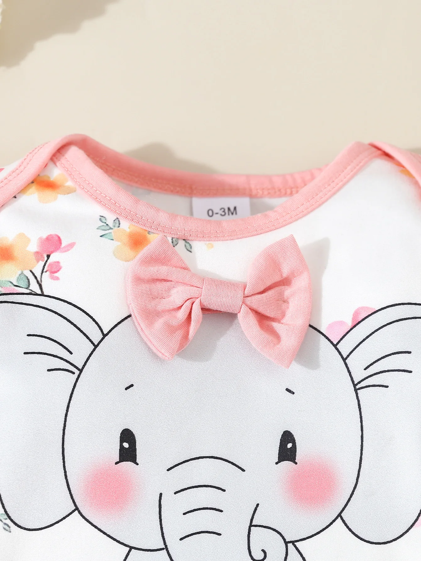 0-18months Newborn Cute Elephant Floral Cartoon Print Three-dimensional Bow Triangle Romper + Trousers + Hat Sweet Casual 3pcs Set