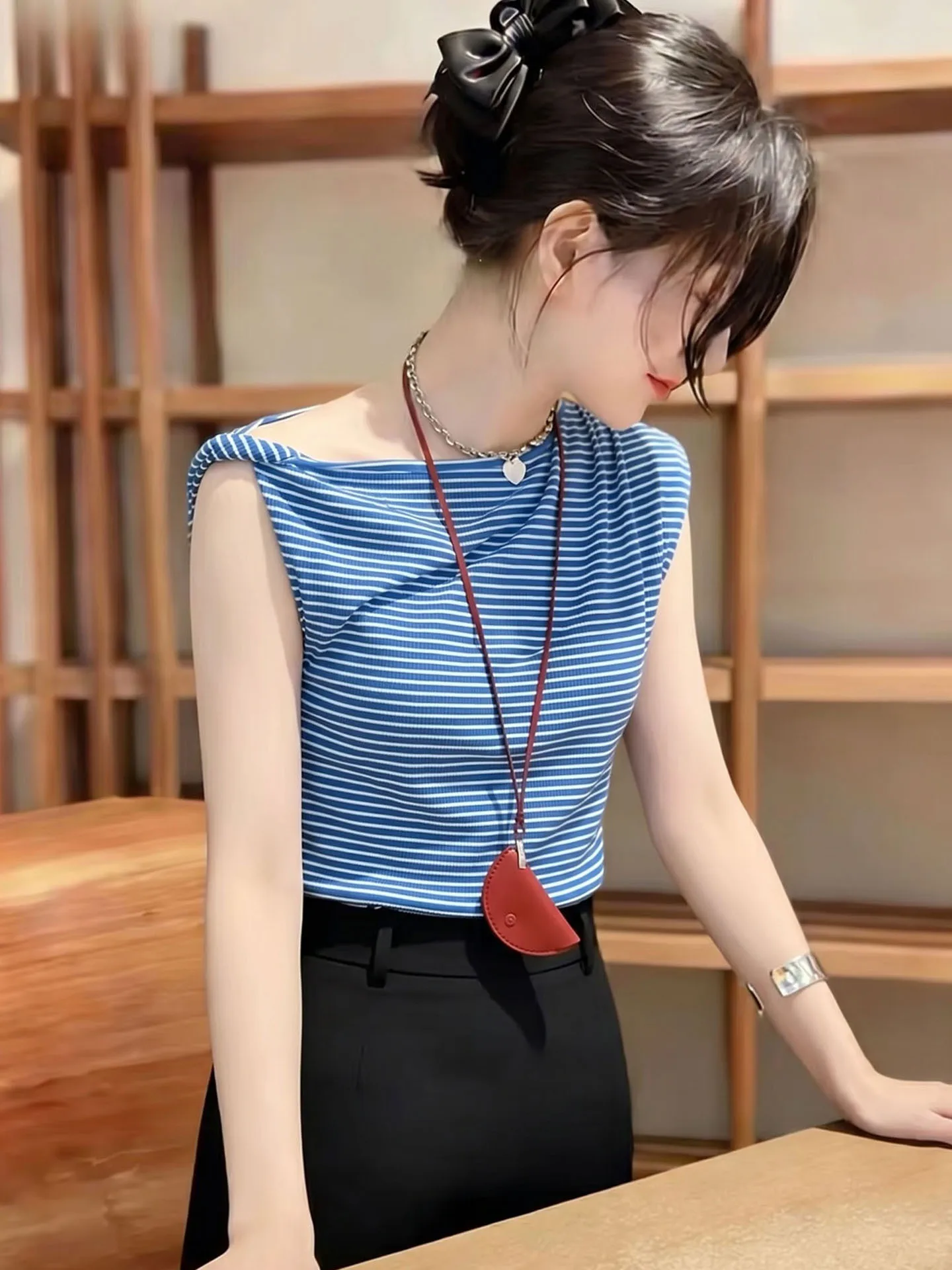 

Korean Style Slimming Stripe Color Block Design T-Shirt Women's Summer Fashionable Versatile Short Sleeve Casual Top