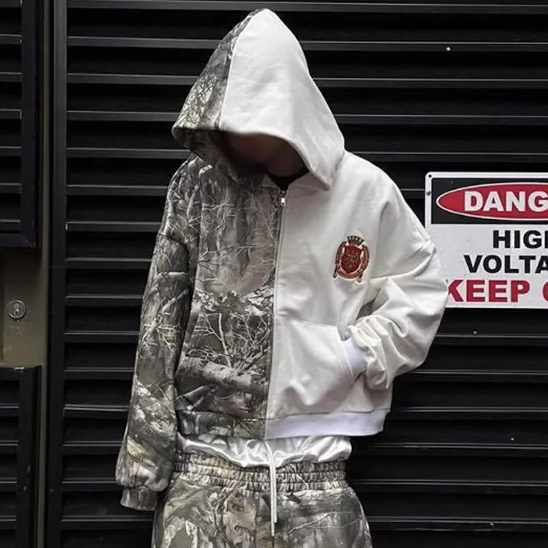 Y2k camo costura logotipo bordado manga longa cardigan hoodie europeu americano moda vintage rua solta moletom casual