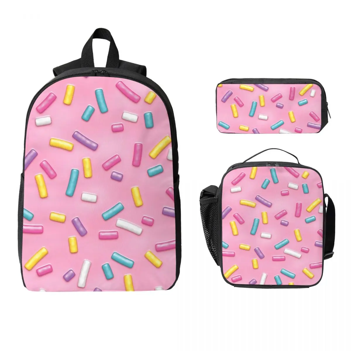 

Рюкзак Sweet Sweet Pink Donut Sprinkles для мальчиков и девочек, школьная сумка, компьютерные сумки на плечо, 3 шт., изолированная сумка для обеда, пенал
