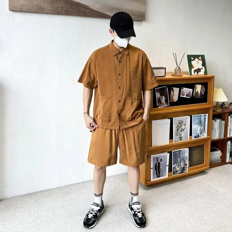 

Fashion Two Piece Outfit Men's Summer Ice Silk Cooling Fabric Plus Size Up To 661 Lbs Thin Short Sleeve Shirt Casual Sports Set