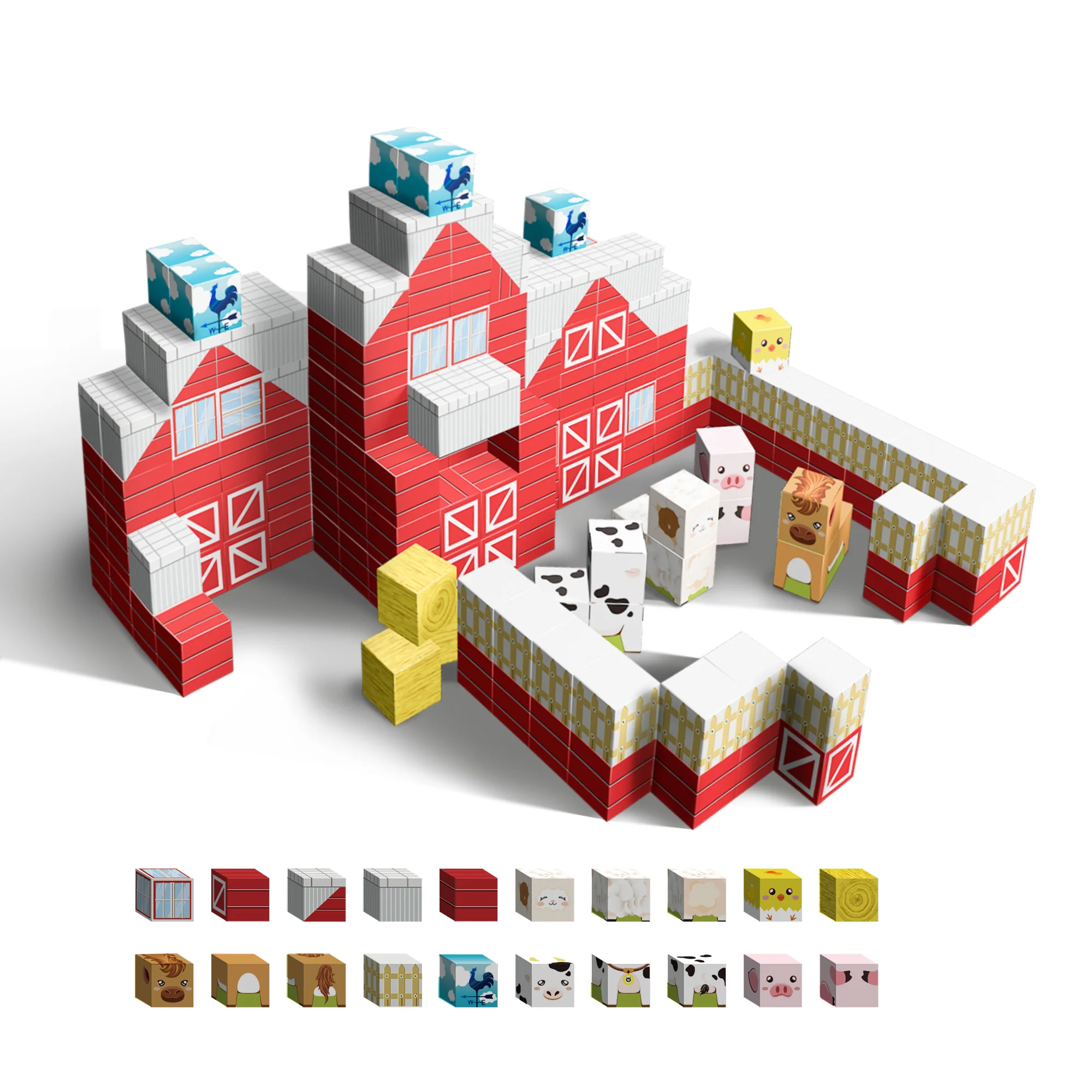 73個の磁気ファームビルディングブロックセット、牧場動物STEMおもちゃ、3～8歳の子供向け、教育納屋&フェンス建設キット、Gi