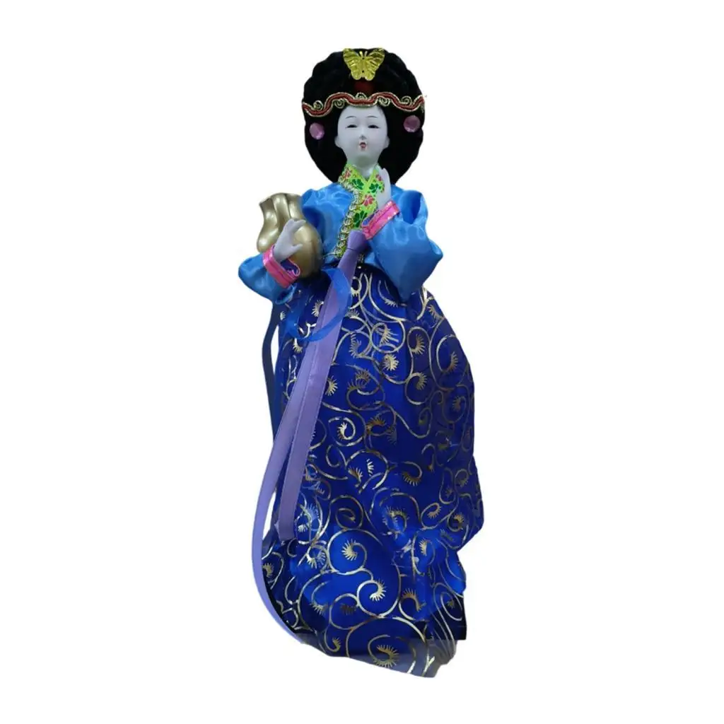 Oriental Hanbok Doll Statuette Fabric Sculpture Traditional Figurine for Bookshelf Modern Room Decor