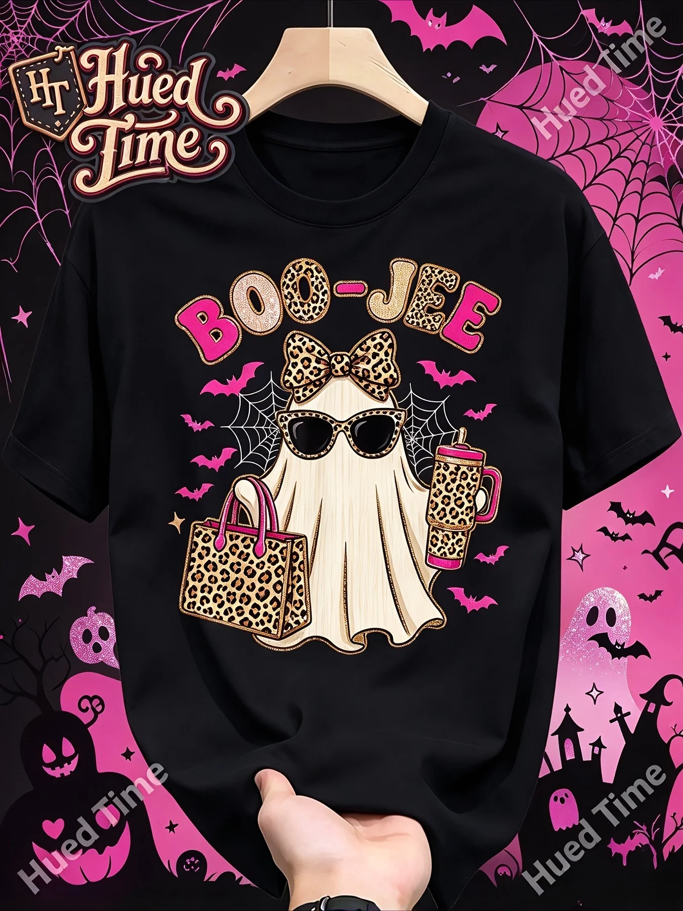 Glam Ghost Preppy Spooky Boo Halloween Boujee Leopard Girly T-Shirt, Halloween Skeleton Boo Graphic T-Shirt Spooky Festive Tee Same Style for Men And Women Summer Fall Short-Sleeved T-Shirt