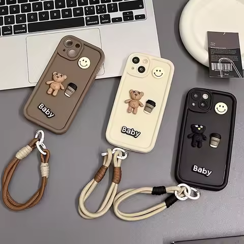 With Lanyard Cute 3D Bear Phone Case On For OPPO Reno 13 12 11 10 8 9 7 6 5 4 Lite 3 Pro 8T 8Z 7Z 6Z 5Z 2Z 2F 11F 12F 13F 5G