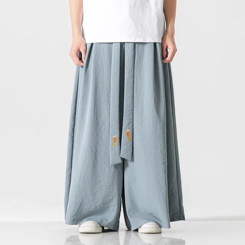 Men Ice Silk Wide Leg Loose Skirts Pants Male Chinese Vintage Hanfu Song Tang Dynasty Trousers Embroidery Draped Casual Pantalon