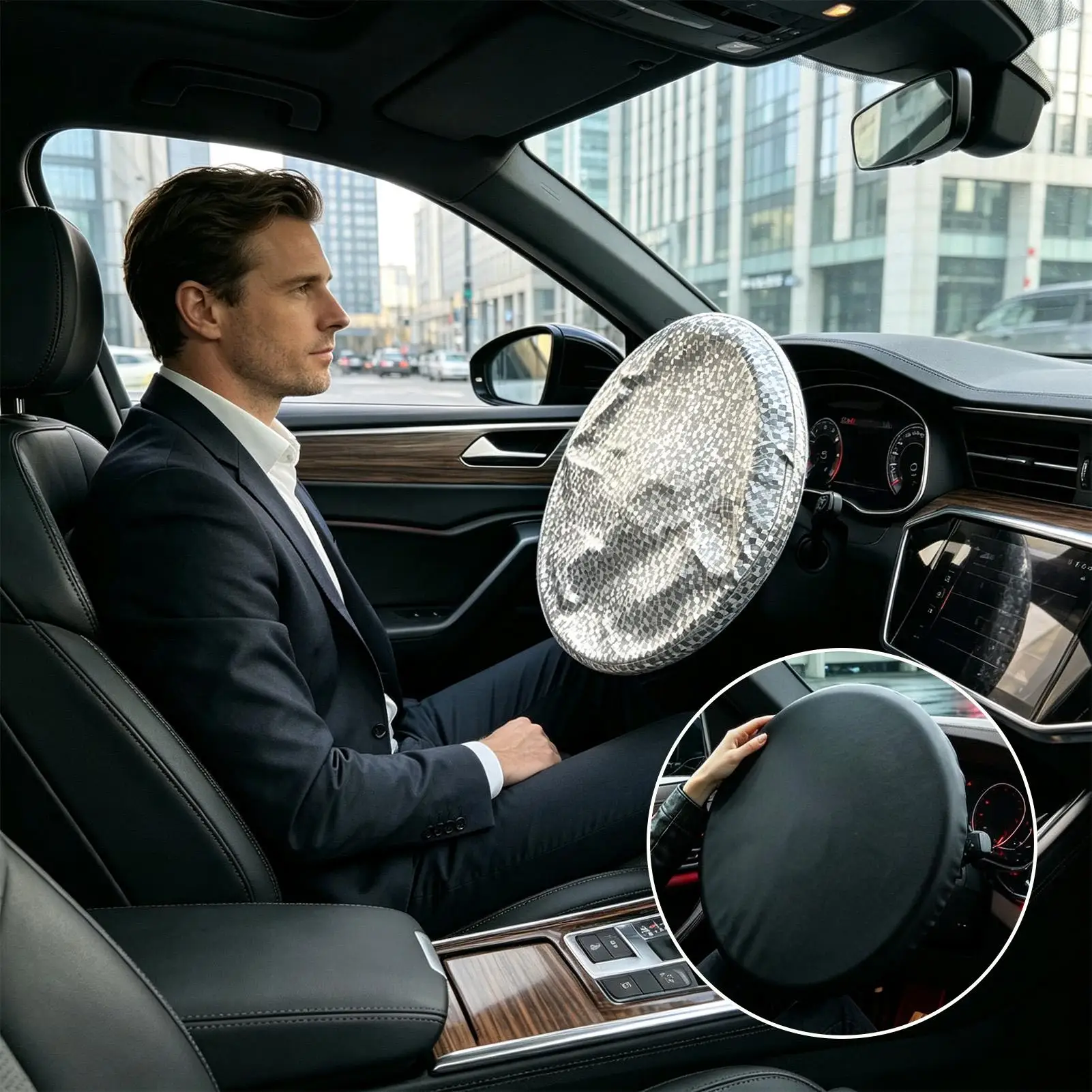 43cm Universal Steering Wheel Sun Shade Cover, Heat Insulation Anti-Slip Car Steering Protector, Sunshield for Vehicle Interior