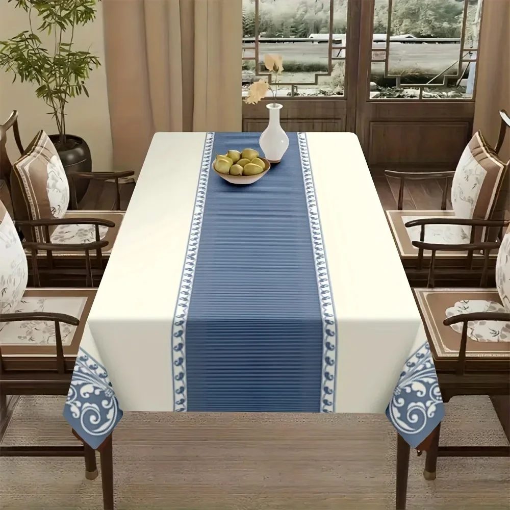 1pc blue and white striped tablecloth with Greek key pattern, navy blue and white horizontal stripesxzj