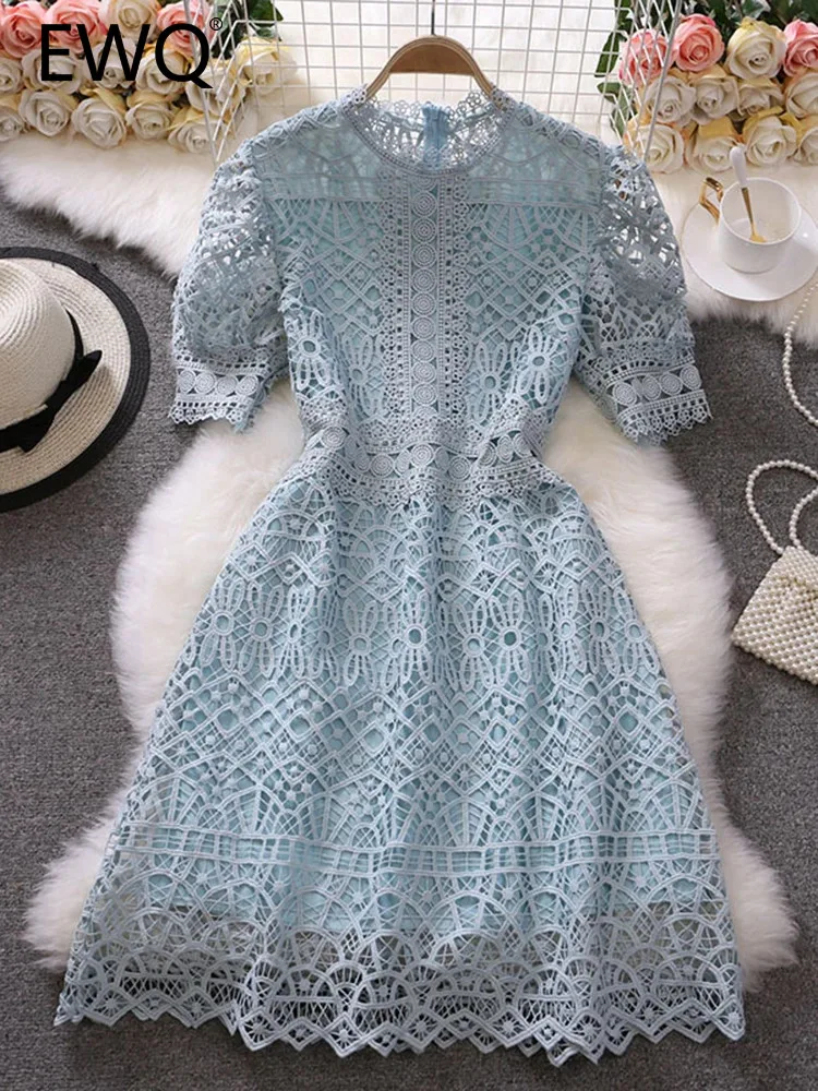 EWQ Hook Flower Hollow Out Lace Patchwork Solid Color Highwaist Vestidos Sweet Style Women's Dress Winter Spring 2024 New SN5604