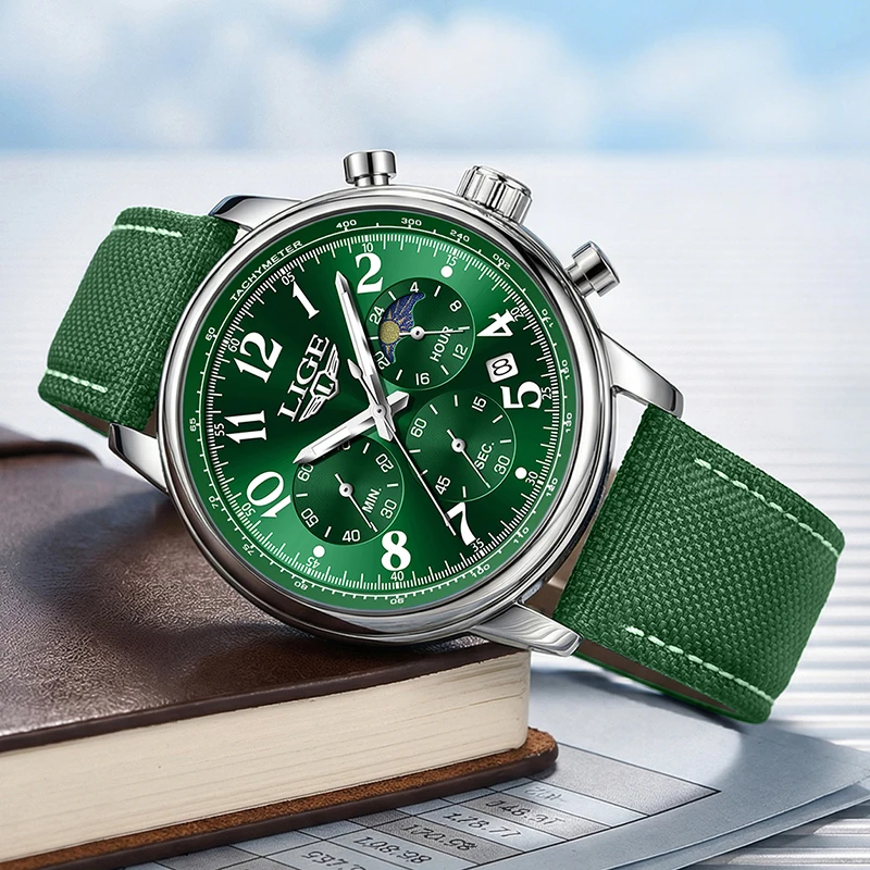 LIGE Casual Business Watch Men Fashion Green Leather Sports Chronograph Wrist Watches for Men Waterproof Quartz Men's Watch