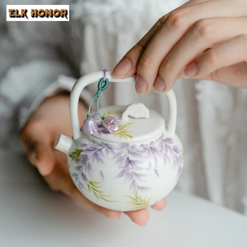 125ml Pure Handpainted Wisteria Flower Teapot Lifting Slanted Handle Pot Tea Brewing Kettle with Ball Hole Filter Chinese Teaset