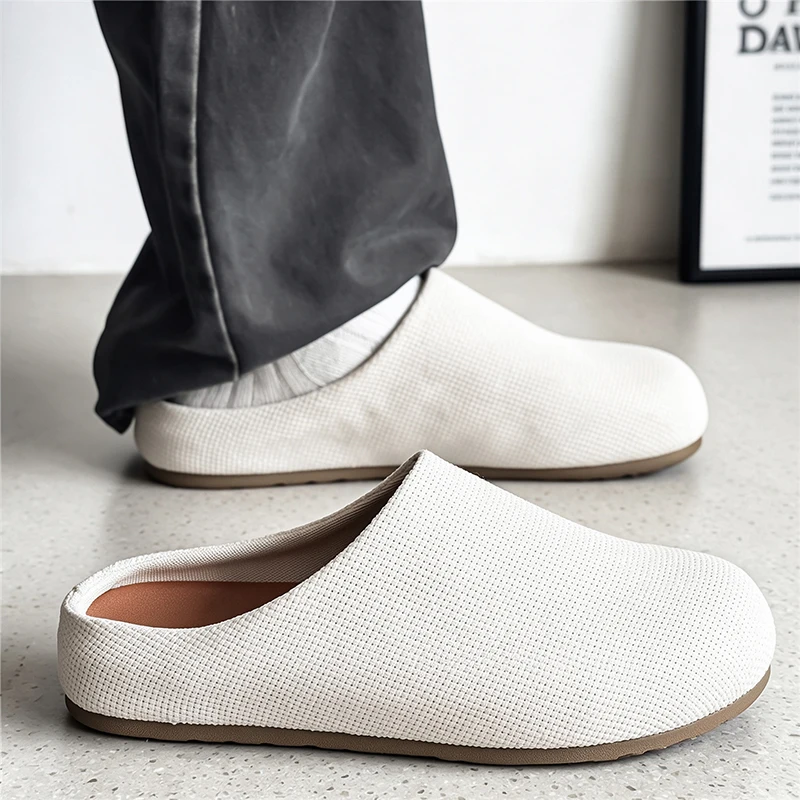 Men's Linen Closed-Toe Half-Slippers, Vintage Mules, Breathable Woven Fabric Slip-On Casual Shoes, Thick-Soled Non-Slip Outdoor Sandals for Spring, Summer, and Autumn, Suitable for Home, Daily Wear, and Commuting, Ligh