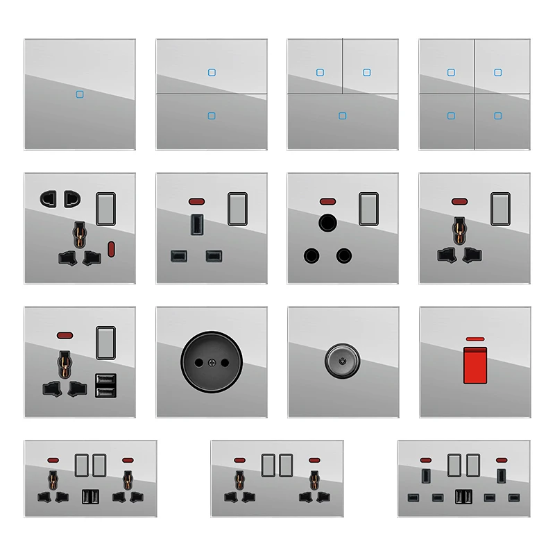5PCS UK Standard 250V Wall Socket Panel Reset Button Switch Tempered Glass 86 Type 16A Switch Customizable Logo Gray CE For Cert