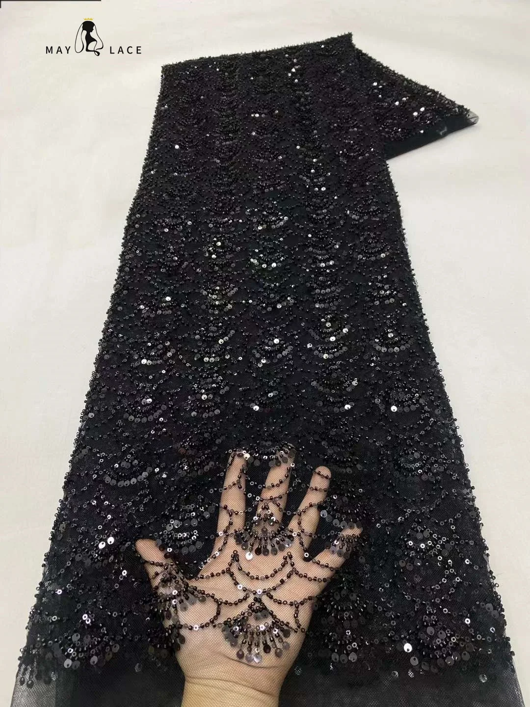 

Black African Beads Lace Fabric 2024 High Quality Sequins Lace Material French Lace Fabrics For Nigerian Wedding Party Sewing