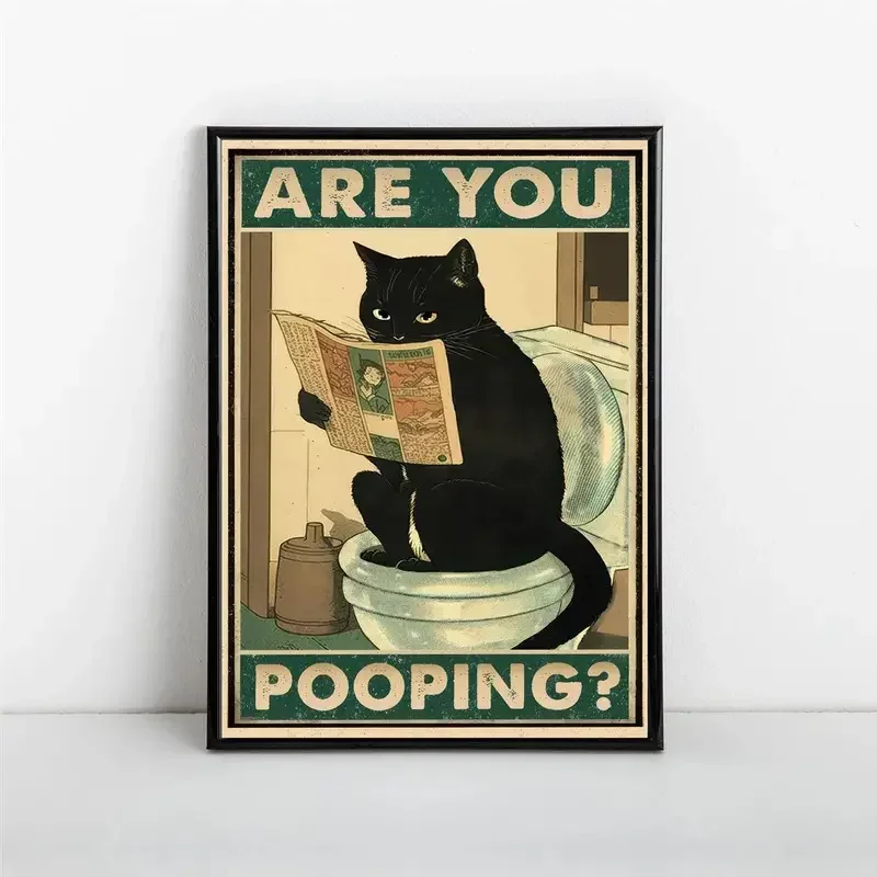 1pc Canvas Poster Inspirational Quote FunnyWall Art Are You Pooping Black Cat Kitten Watching Newspaper In Toilet   No Frame