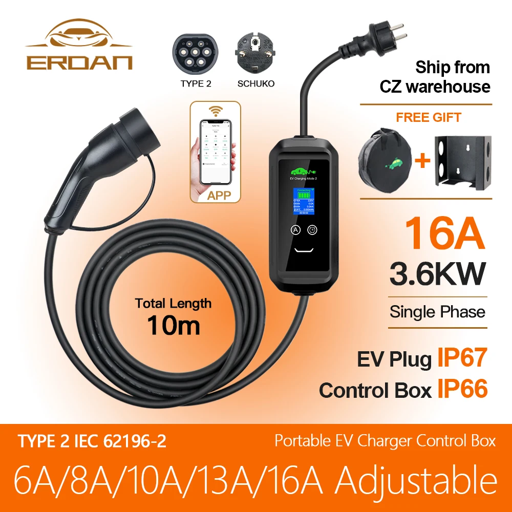 ERDAN Portable IEC62196-2 EV Charger 16A 3.6KW Type 2 Charging Wallbox With Tuya APP Control Timer EU Plug 10M Cable