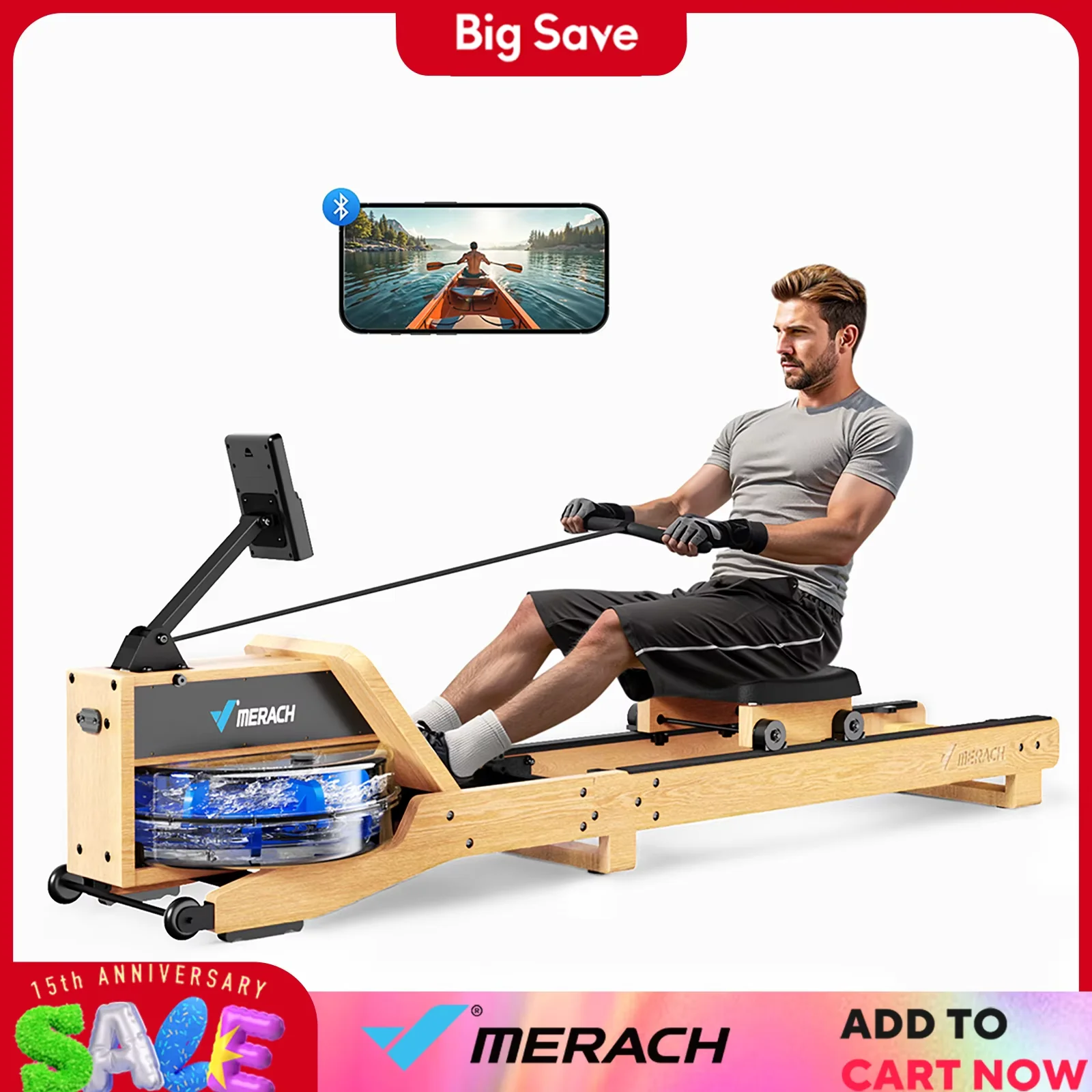 Máquina de remo de agua para el hogar hecha de roble, con 12 paletas para mayor resistencia, reposapiés ajustables y asas mejoradas por aplicación