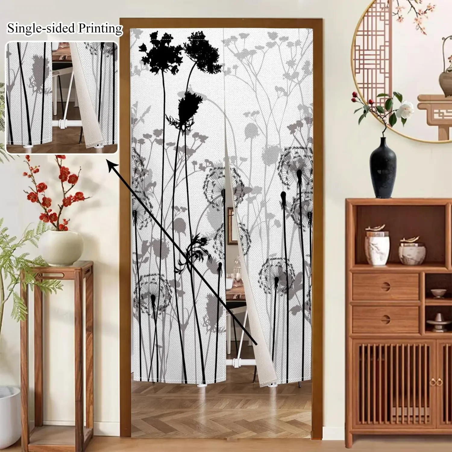 Japanese Single-Side Door Curtain Long Style Traditional Dandelion Ink Wash Painting Doorway Tapestry for Privacy Partition Room
