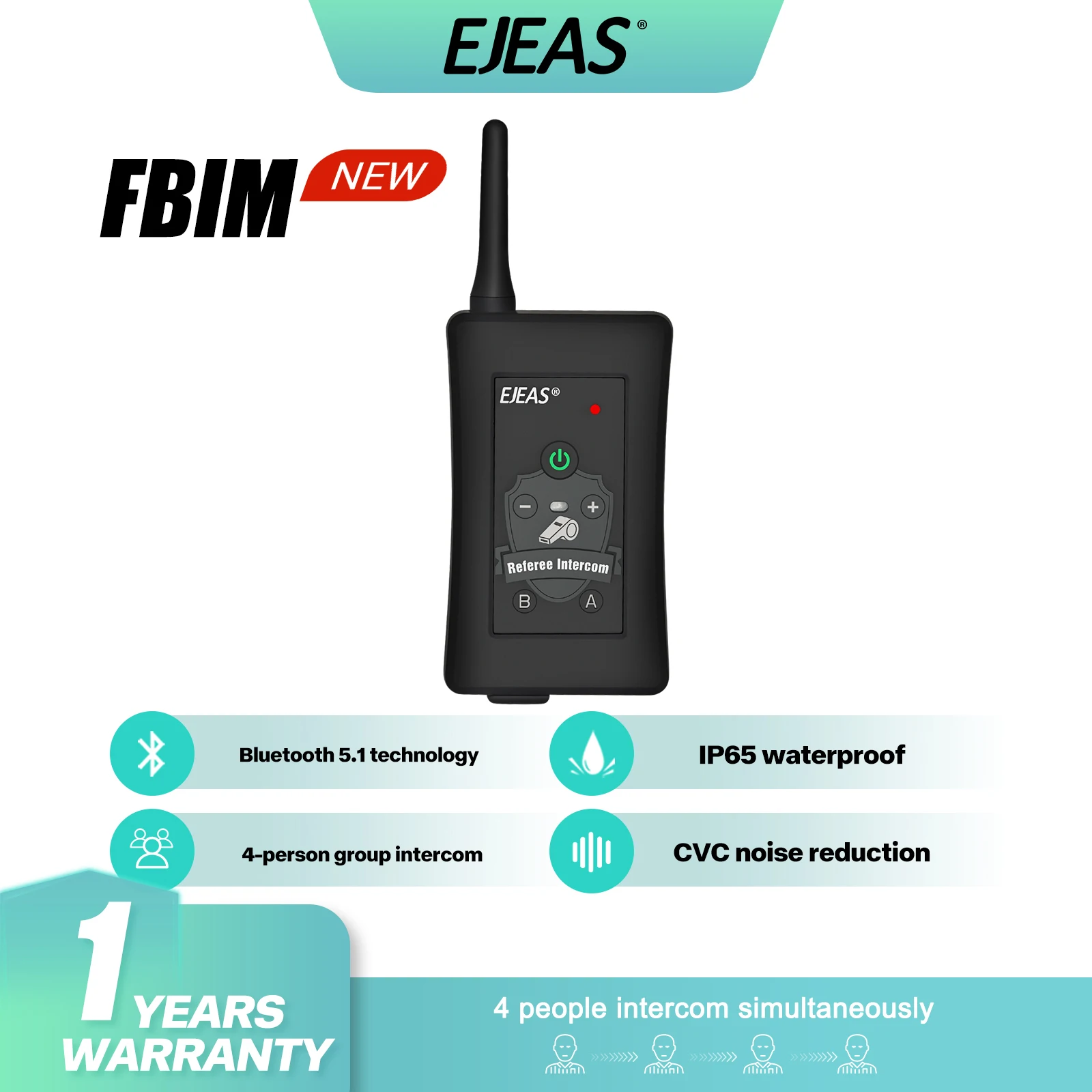 EJEAS FBIM Football Referee Intercom Bluetooth 5.1 1200M 4-way Full Duplex Motorcycle Interphone Wireless Communicator