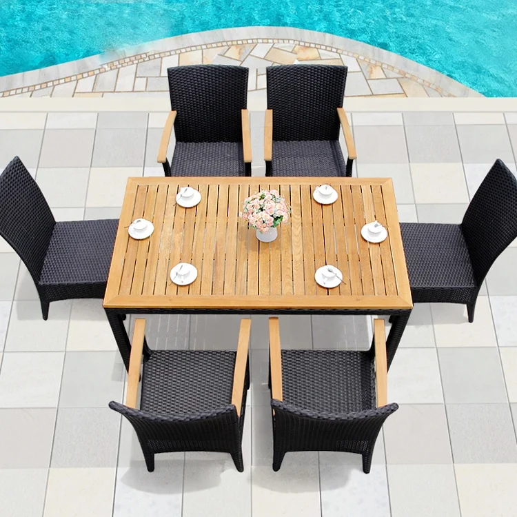 Black Modern Garden Porch 7 Piece Dining Set Furniture Outdoor Patio Plastic Wood Aluminum Table and 6 Seater Chairs