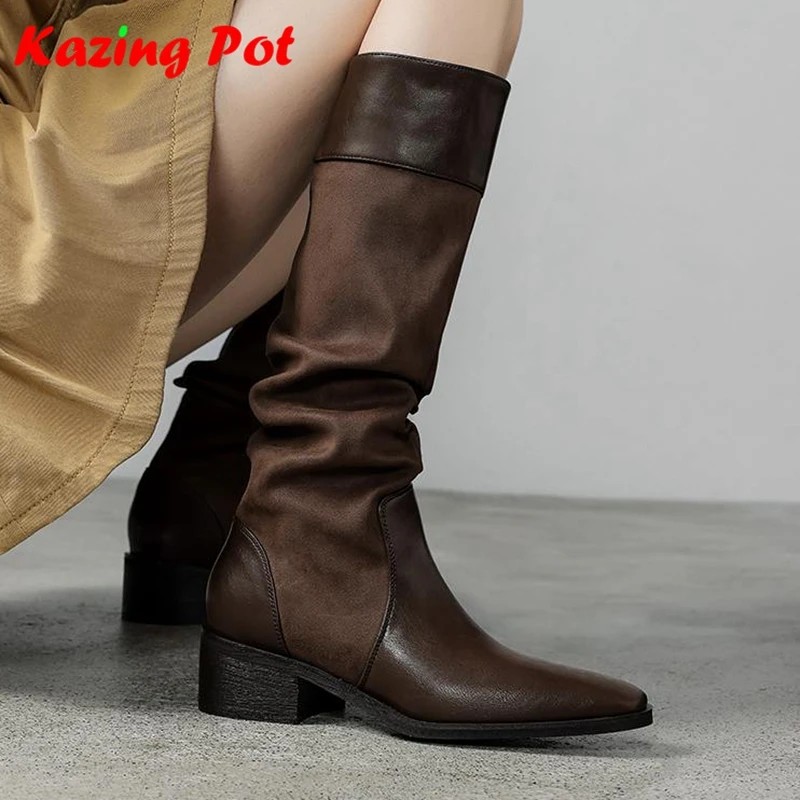 Krazing Pot 2026 Cow Split Skin Round Toe Med Heels Mid-calf Boots Warm Winter Shoes Pleated Decoration Women Knee-high Boots