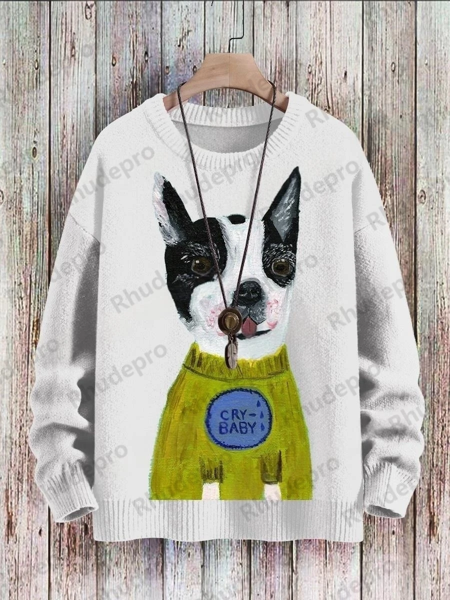 3D Printed Men's Knitted Pullover Sweater Funny Dog & Hippo Art Pattern Winter Unisex Casual Knitwear