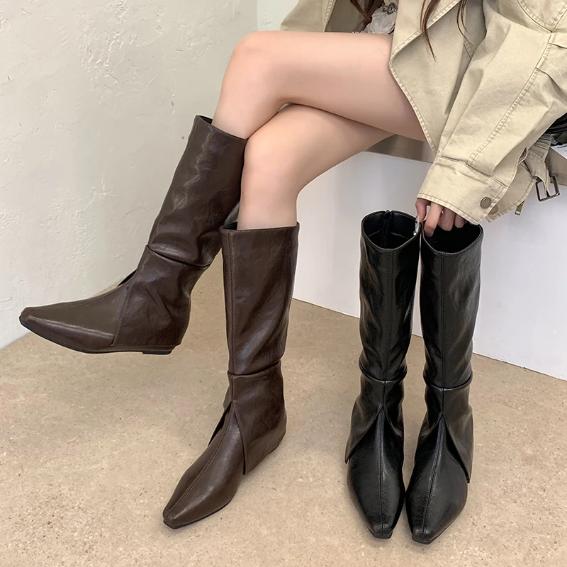 Vintage Zipper - Women High‑Knee Boots Square Pointed Toe