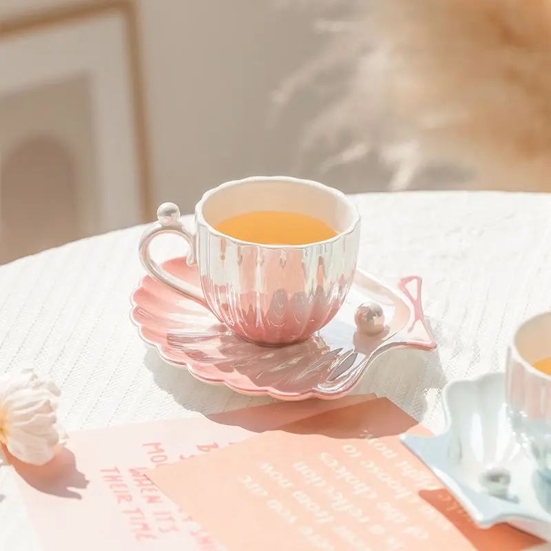 Ins Shell Ceramic Mug Coffee Water Cup Home Pearl Cup Dish Set High Beauty Cup