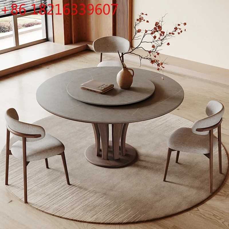 

Wabi Sand Wind Slate Dining Table Round Household Modern Simple Ash Italian Solid Wood Round Dining Table with Turntable