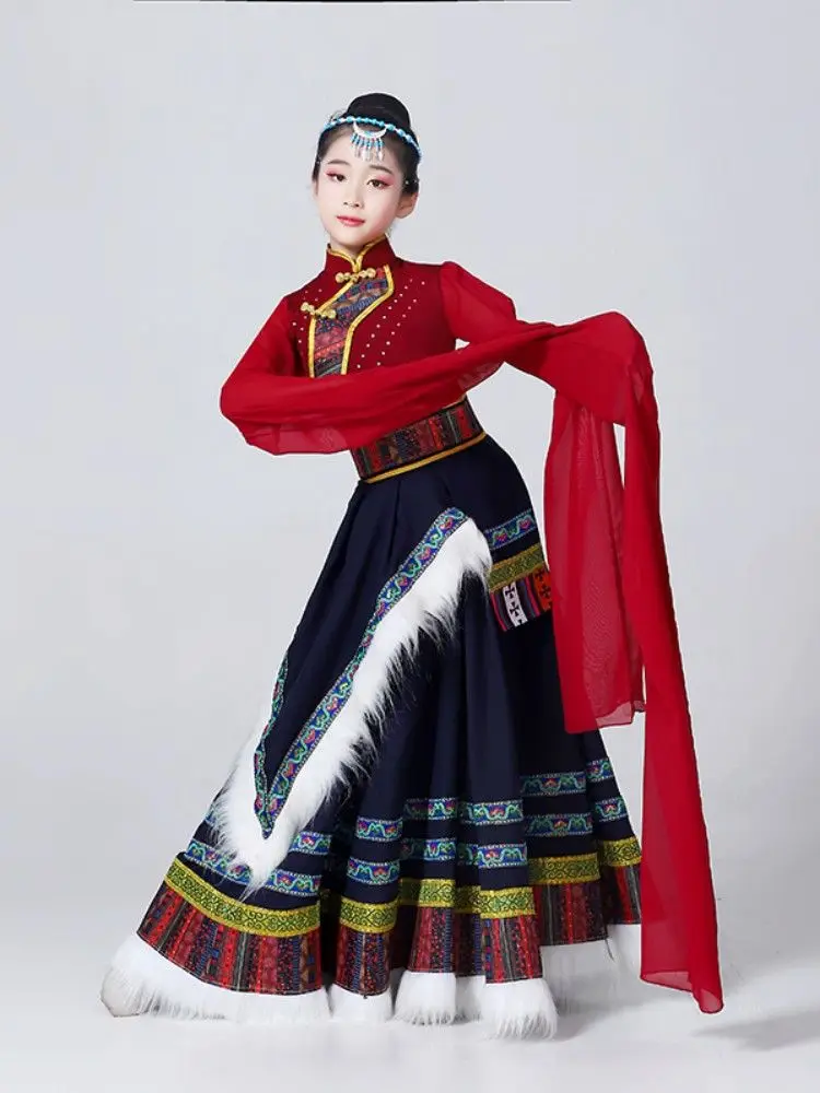 Children's Tibetan Dance Costume Girl's Large Swing Performance Skirt Chinese Style Ethnic Mongolian Performance Clothes