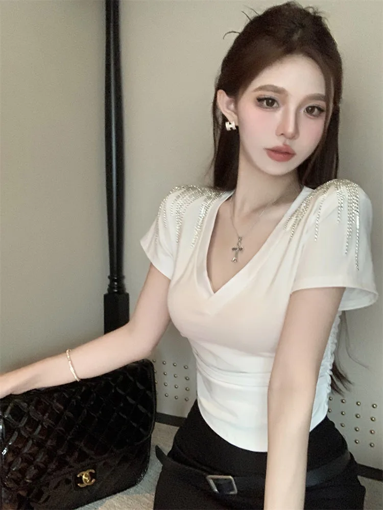 V-neck Short-Sleeved T-shirt Ladies Cotton Tassel Epaulet Shoulder Slim Tops Female Streetwear Versatile Tees