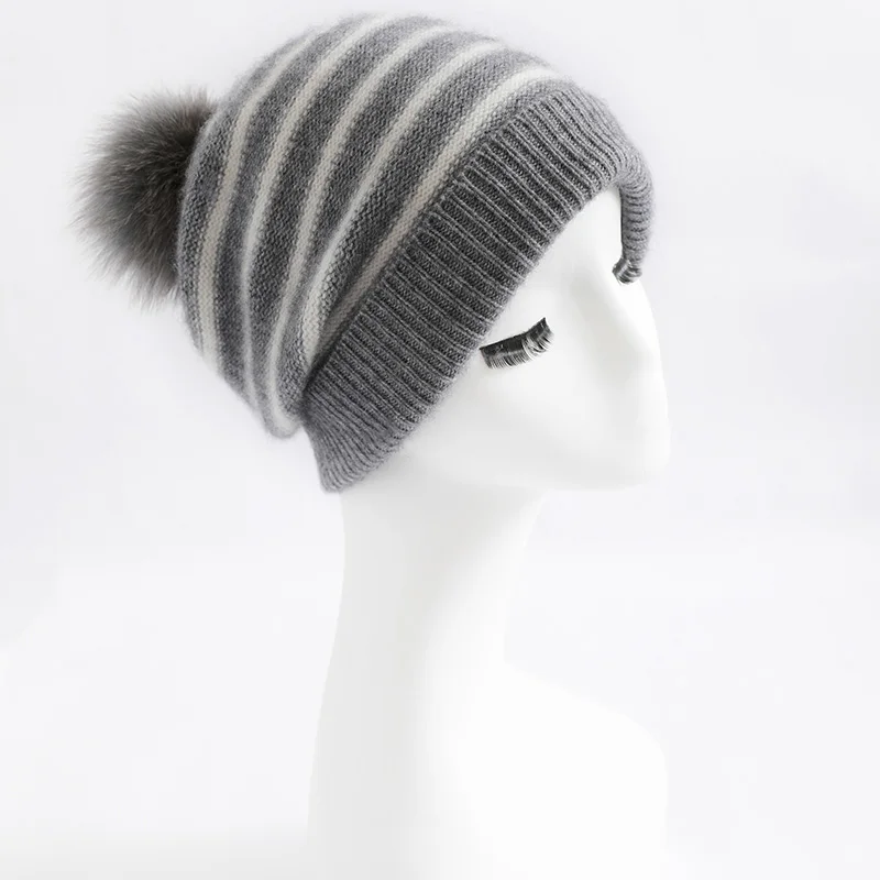 Women's 100% cashmere hat casual striped knit hat warm pile cap pullover hat without brim cap fashion cold hat wholesale