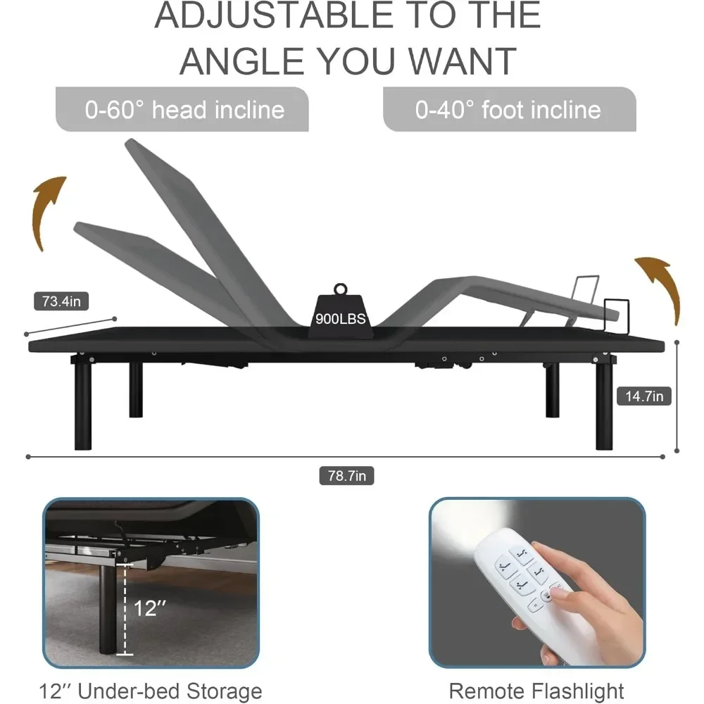 King Size Adjustable Bed Frame, Wireless Remote Control, Whisper Quiet Durable Motor, Independent Head, Foot Incline, Bed Frame