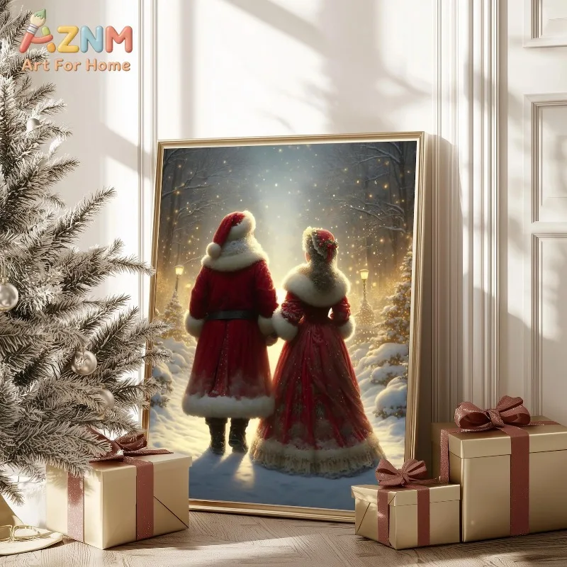Santa Mrs Claus Walking Snowy Winter Wonderland Forest Magical Holiday Decor Wall Art Painting Portrait Poster Vintage Print