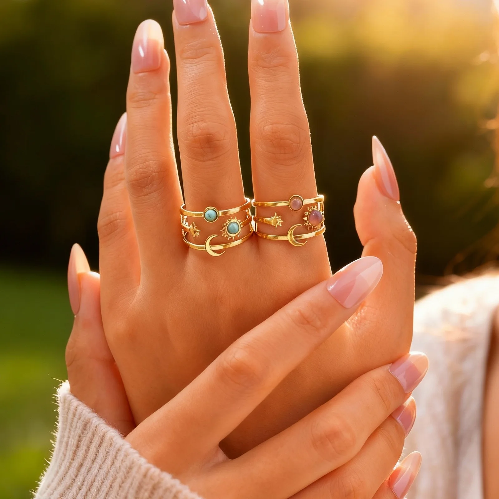 Natural Stone Turquoise Star Sun Multi Layers Stainless Steel Open Rings for Women Aesthetic Finger Jewelry Waterproof